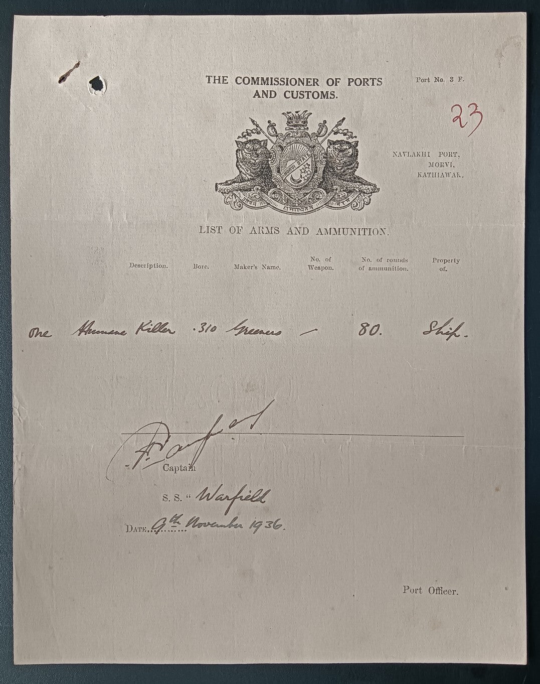 India 1936 Navlakhi Port Morvi SS WARFIELD Captan signed Arms List Humane Killer
