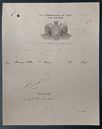 India 1936 Navlakhi Port Morvi SS WARFIELD Captan signed Arms List Humane Killer