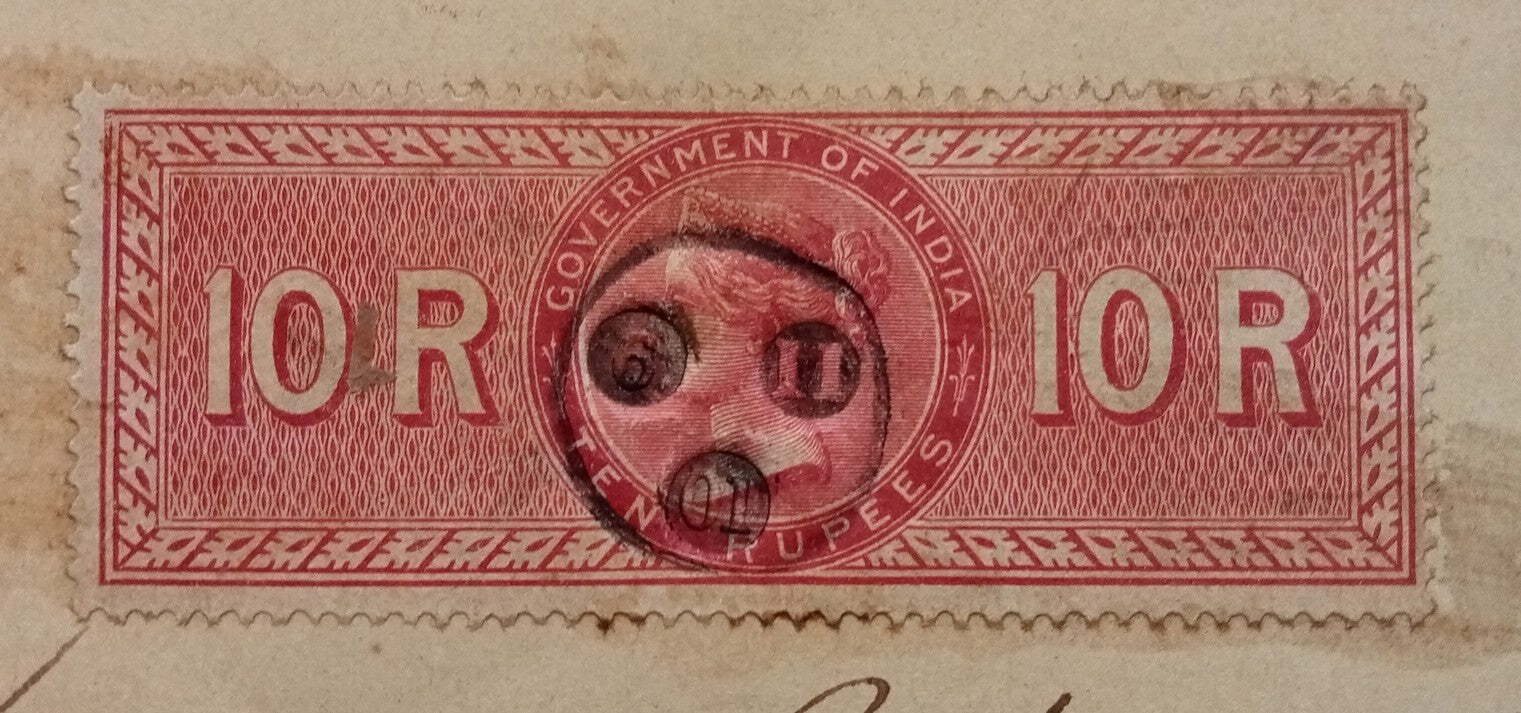 AOP India QV Queen Victoria 1868 Special Adhesive 10R on 1901 indenture 11 pgs