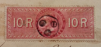 AOP India QV Queen Victoria 1868 Special Adhesive 10R on 1901 indenture 11 pgs