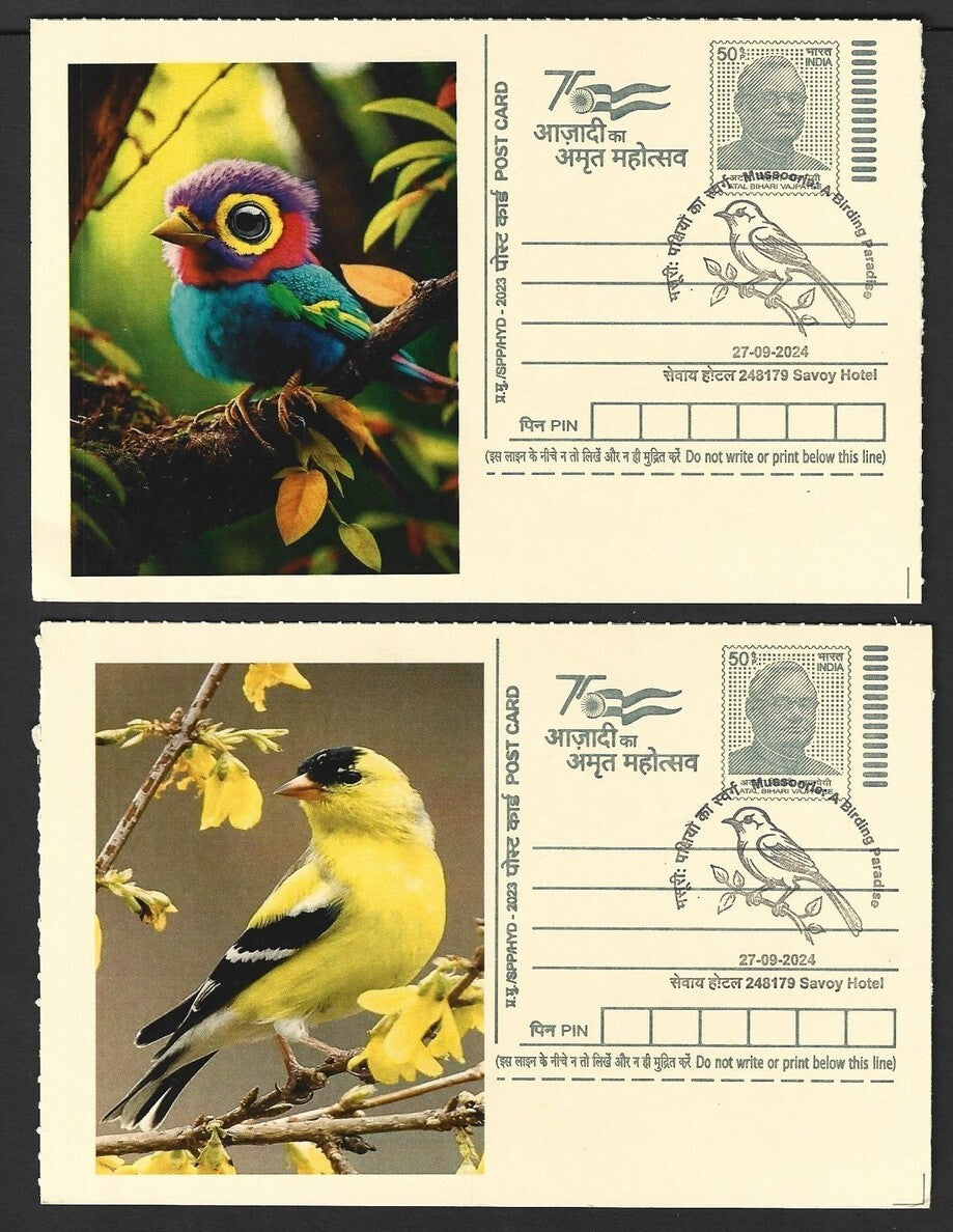India 2024 Birding Paradise Savoy Hotel postmark cards MULTICOLORED BIRDS (6)