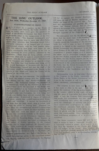 The Hindu Outlook weekly newpaper of the Hindu Mahasabha 1937 India 16pgs