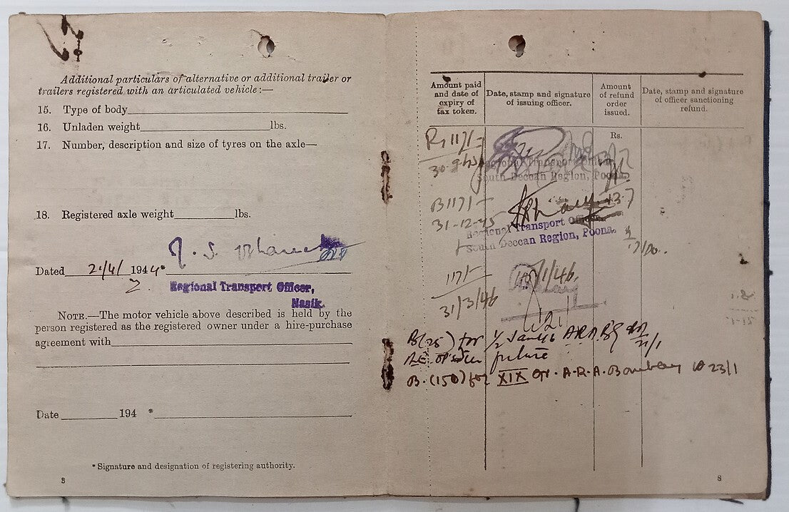 AOP India MOTOR VEHICLES ACT Registration booklet for Chevrolet Truck 1943