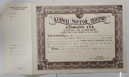 India 1930s KURWAI MOTOR TRANSPORT COMPANY LTD. share cerificate