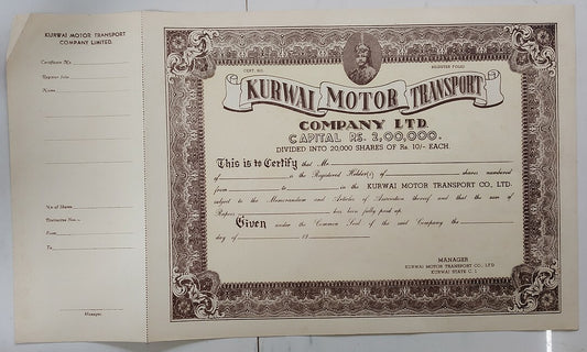 India 1930s KURWAI MOTOR TRANSPORT COMPANY LTD. share cerificate