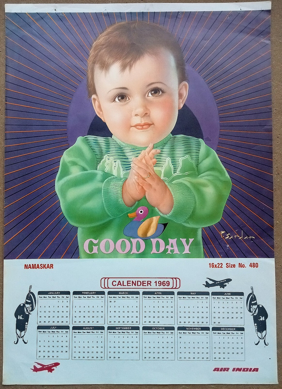 AIR INDIA 1969 poster calender 480 - NAMASKAR (GOOD DAY) - ARTIST : P.SARDAR - R