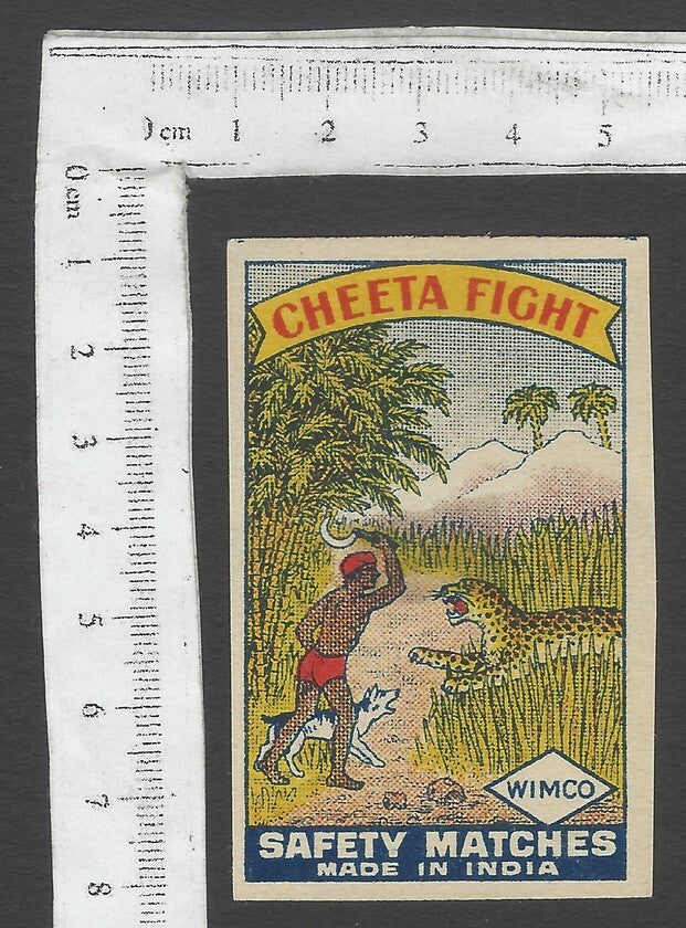 AOP India vintage matchbox label Cheeta Fight by WIMCO