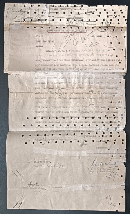 India 1961 telegram re Pakistani cross border attack w high value Service stamps