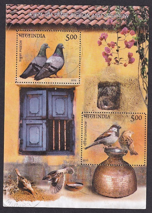 India 2010 50R Pigeon and Sparrow MS miniature sheet postally used
