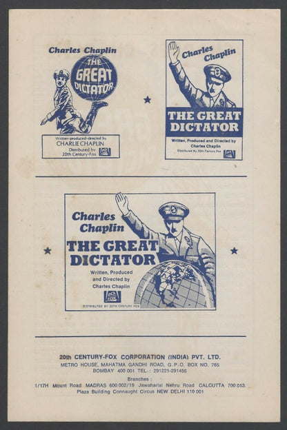 India herald for 1970s release of 1940 THE GREAT DICTATOR Chalie Chaplain