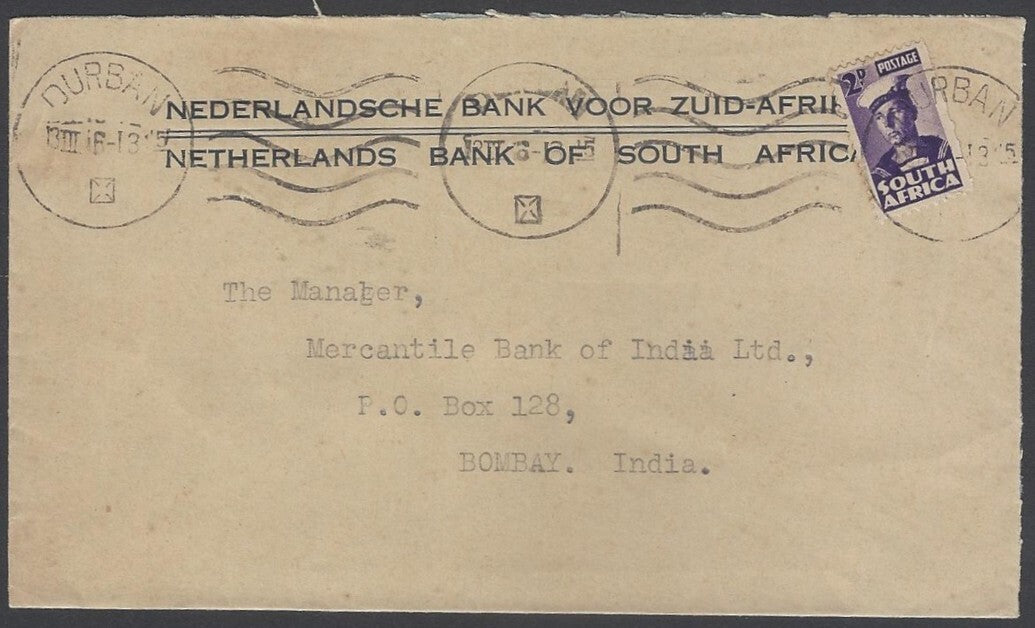 AOP South Africa 1943 bantam 2d single franking cover Durban to India