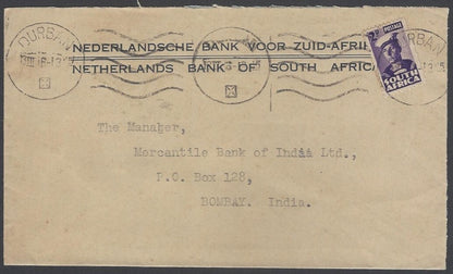 AOP South Africa 1943 bantam 2d single franking cover Durban to India