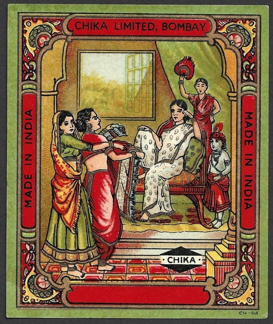 India 1930s textile dye litho label Chika, Bombay - KRISHNA WITH MOTHER