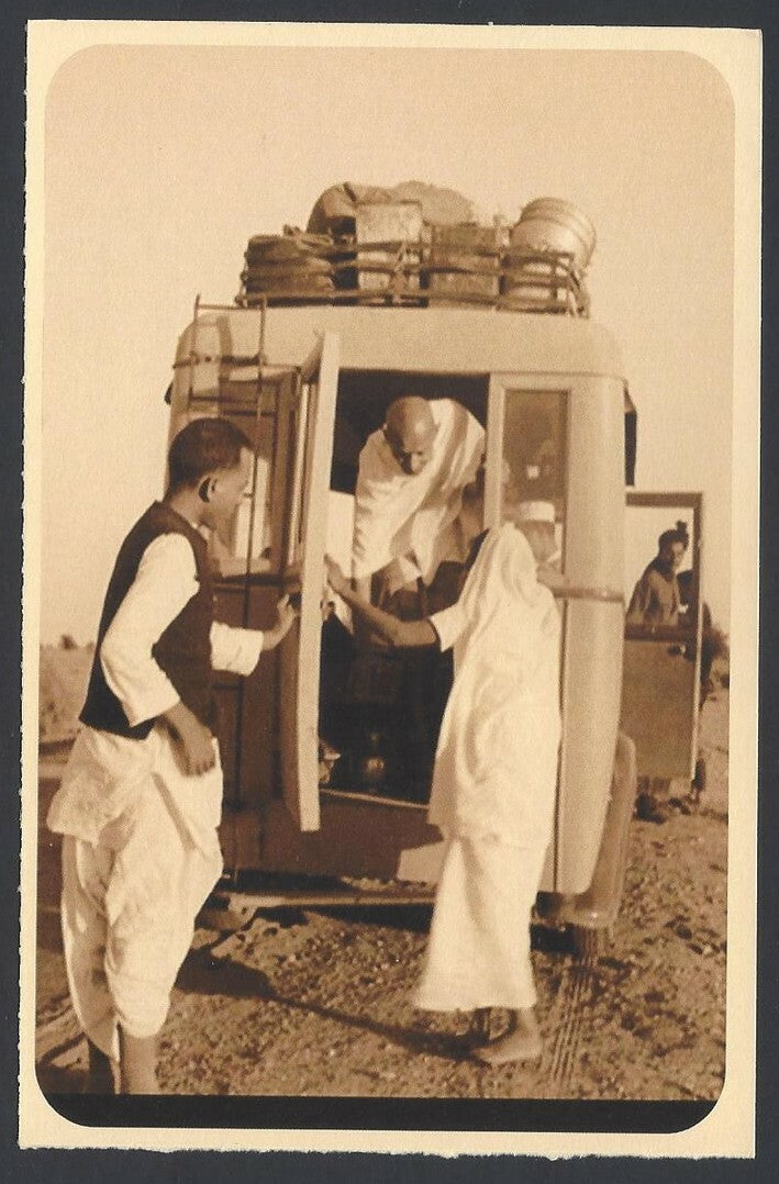 India full back pictorial 50p Gandhi postal card GANDHI in a bus