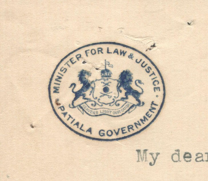 India crested letter MINISTER FOR LAW & JUSTICE / PATIALA GOVERNMENT