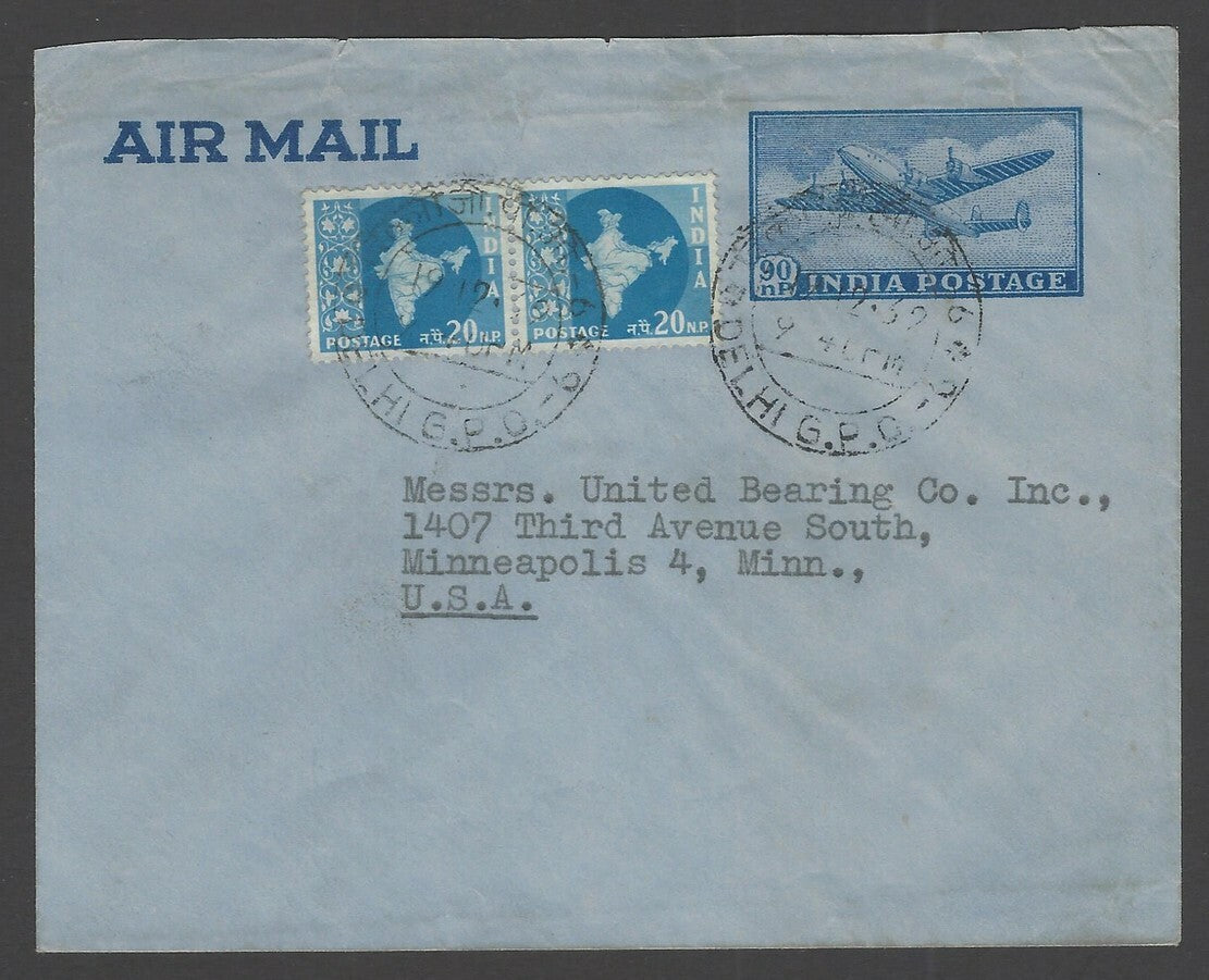 India 90np Aimail envellope used to USA 