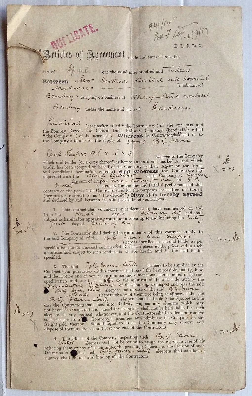 India 1913 BB&CI Railway Agreement with  Rajputana Malwa Railway