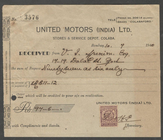 AOP India UNITED MOTORS (INDIA) LTD.,, Bombay 1940 stamped receipt 