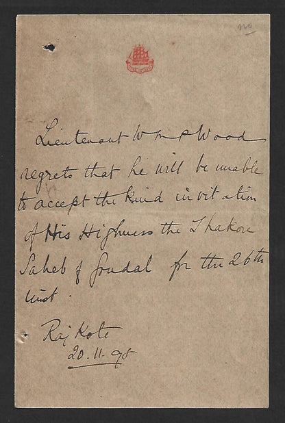 AOP India 1898 crested letter - Colonel MP Wood