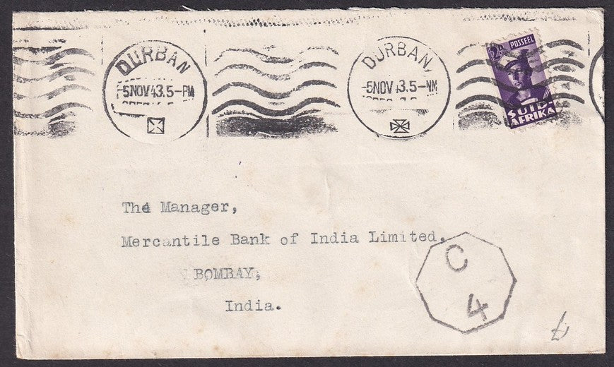 South Africa World War 2 censored cover to India