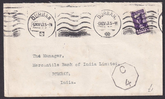 South Africa World War 2 censored cover to India