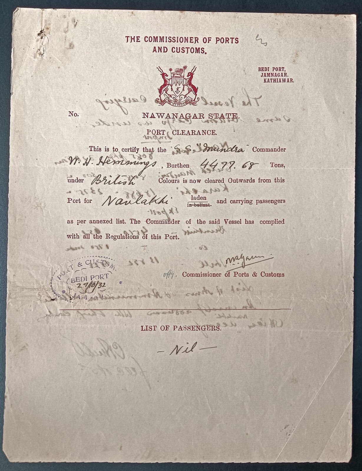 India Navlakhi Port, Morvi 1932 outgoing ship Port Clearance S.S. MUNDRA