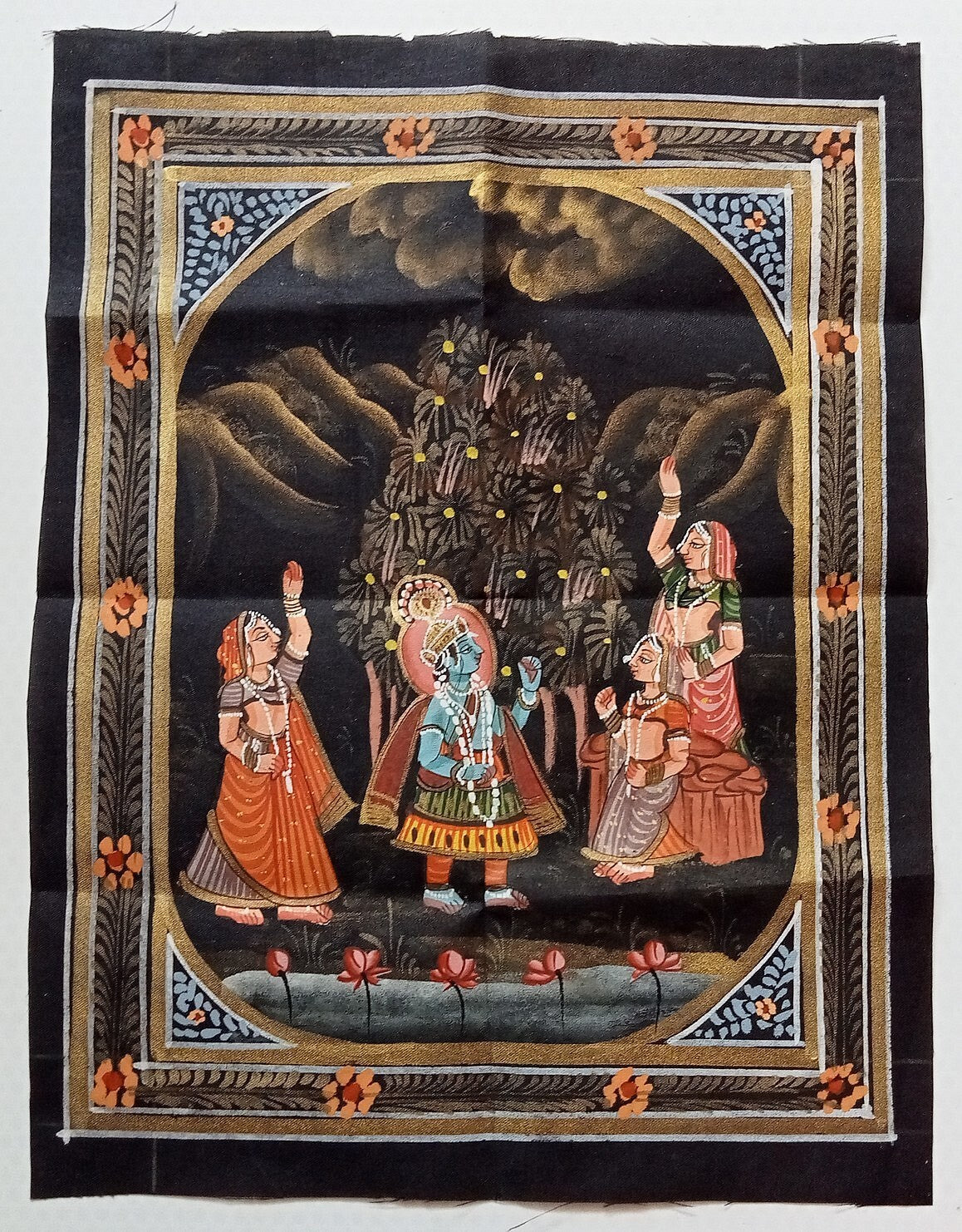 India vintage hand painting on cloth RADHA, KRISHNA & 2 GOPIS 9 x 12 inches