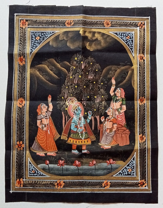 India vintage hand painting on cloth RADHA, KRISHNA & 2 GOPIS 9 x 12 inches
