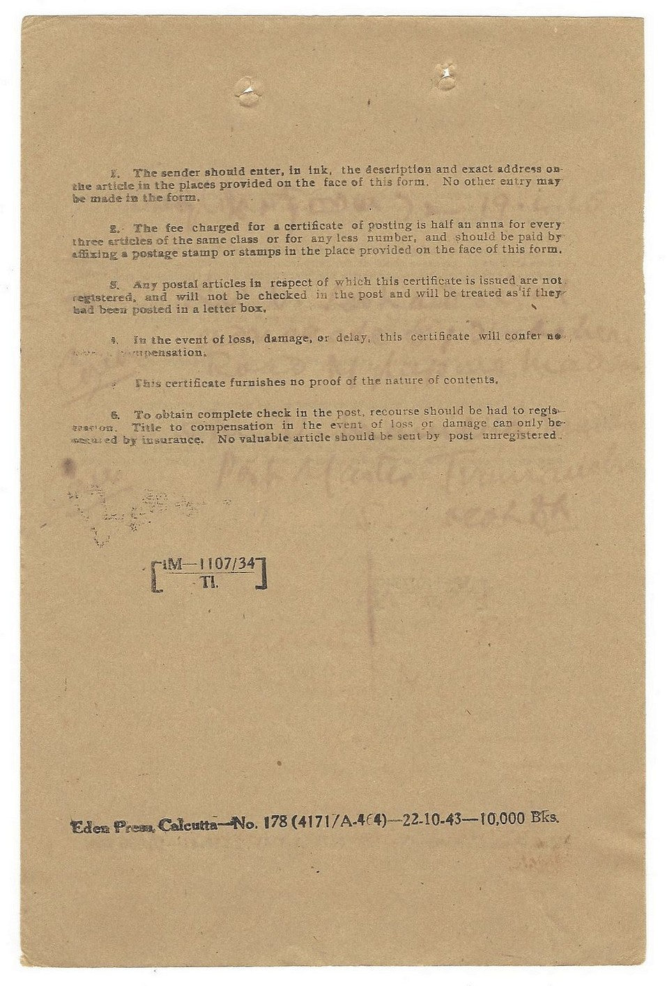 India 1943 Cerificate of Posting with 2 backsides