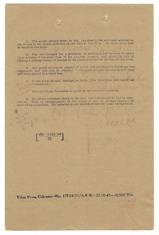 India 1943 Cerificate of Posting with 2 backsides