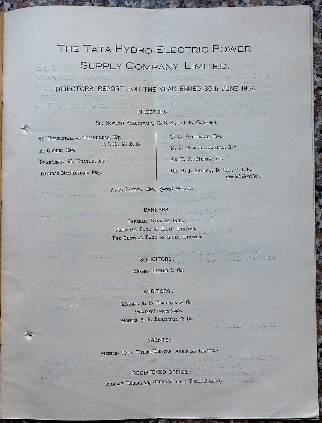 India 1936-37 THE TATA HYDROELECTRIC POWER SUPPLY COMPANY LTD Annual Report 15pg