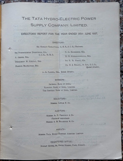 India 1936-37 THE TATA HYDROELECTRIC POWER SUPPLY COMPANY LTD Annual Report 15pg