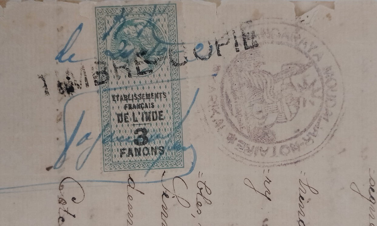 AOP French India 1909 3fa revenue stamp on 1932 8 page KARIKAL document