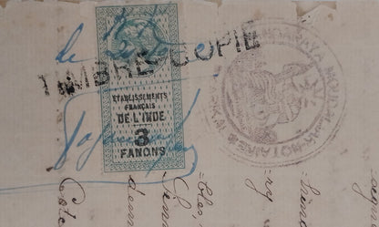 AOP French India 1909 3fa revenue stamp on 1932 8 page KARIKAL document