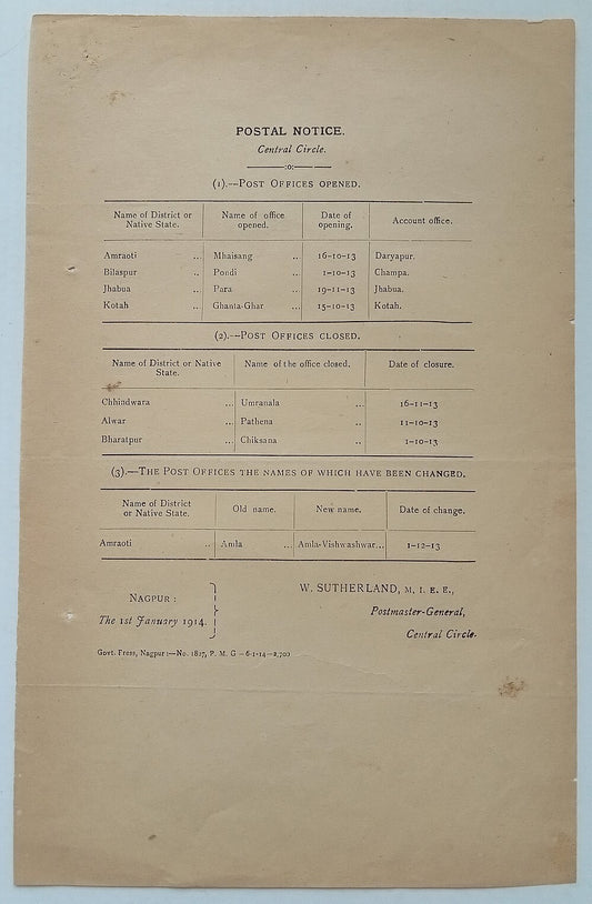 (AOP) India POSTAL NOTICE 1914