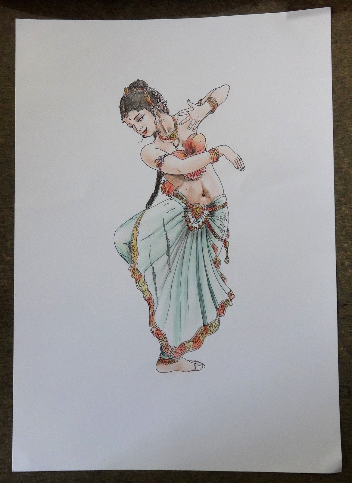 Indian dancing beauty watercolors crayons & ink on card 12''x 17''