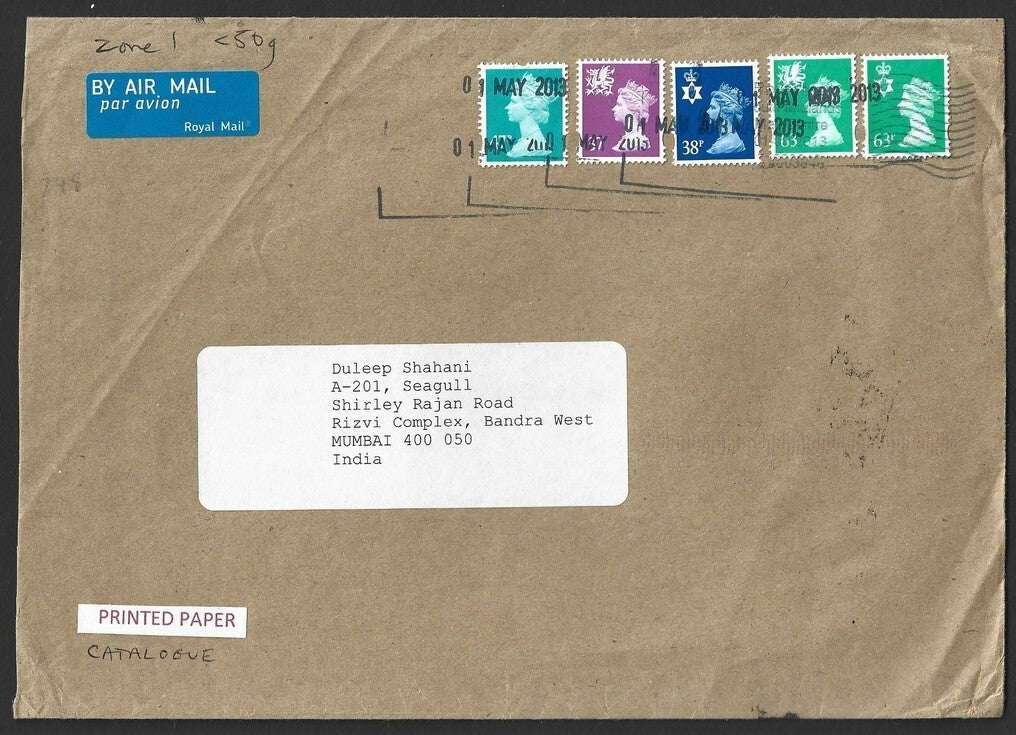 GB Machins Northern Ireland 38p & 63p and Wales 37p & 63p, etc on cover to India