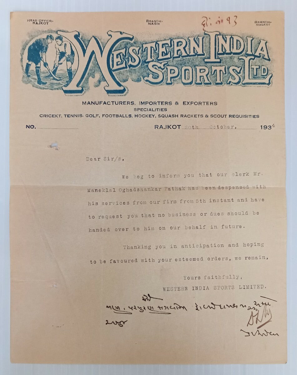 AOP Western India Sports Rajkot 1934 illustrated letterhead 