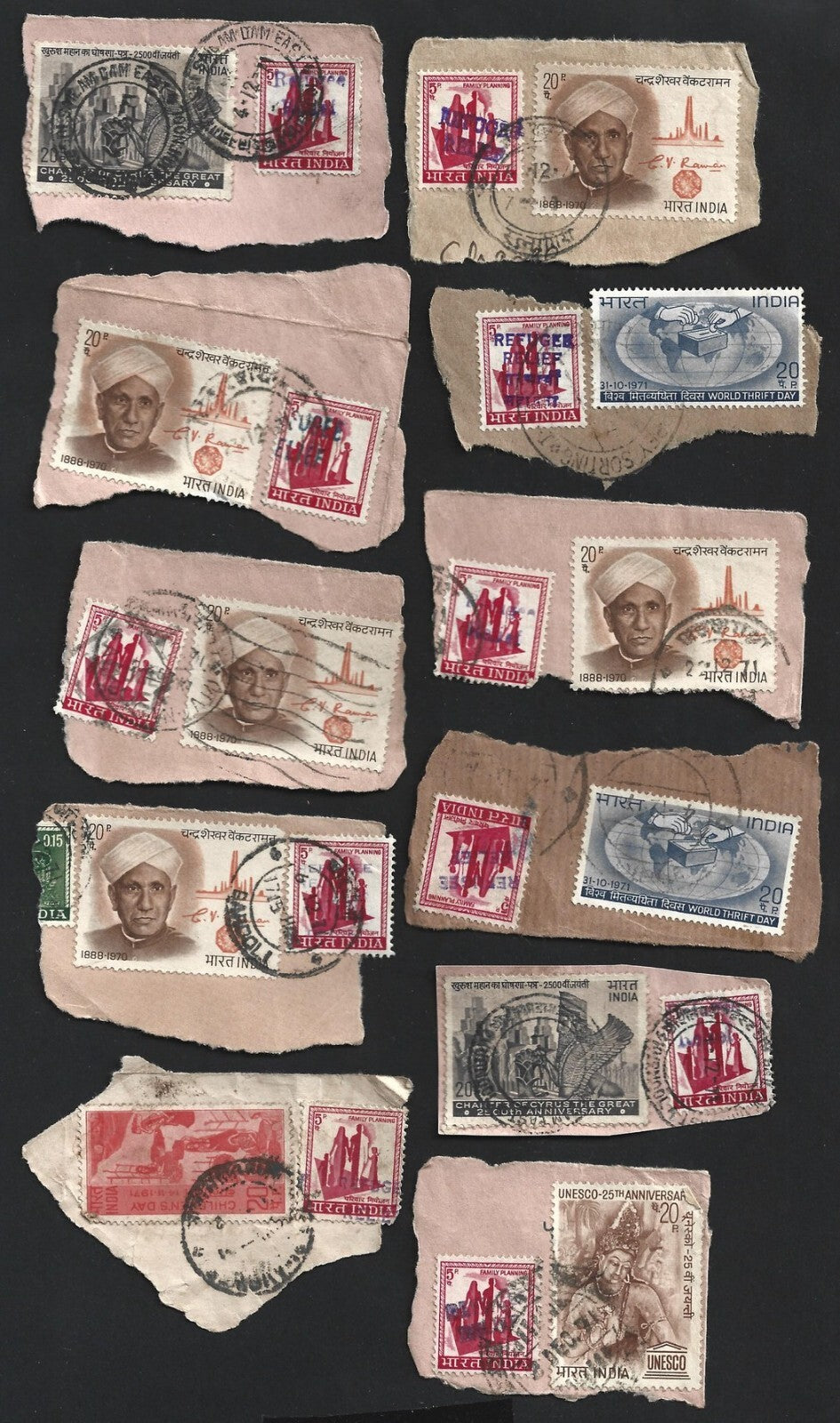 India 1971 Refugee Relief rubberstamp ovpts on pieces 19 pic LARGE COLLECTION
