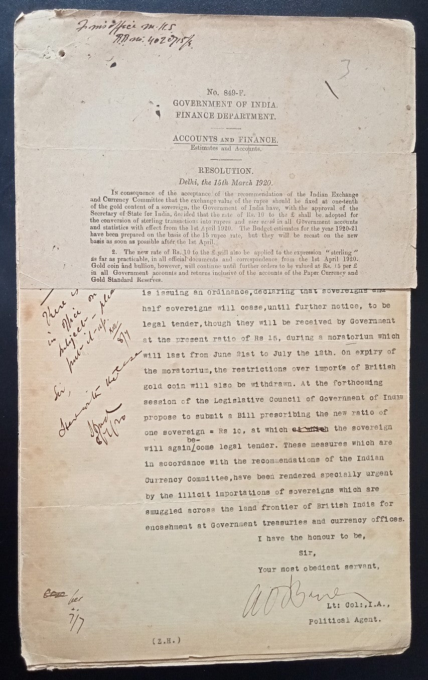 India 1915 documents about re-settings the valuations of Gold Coins, etc.