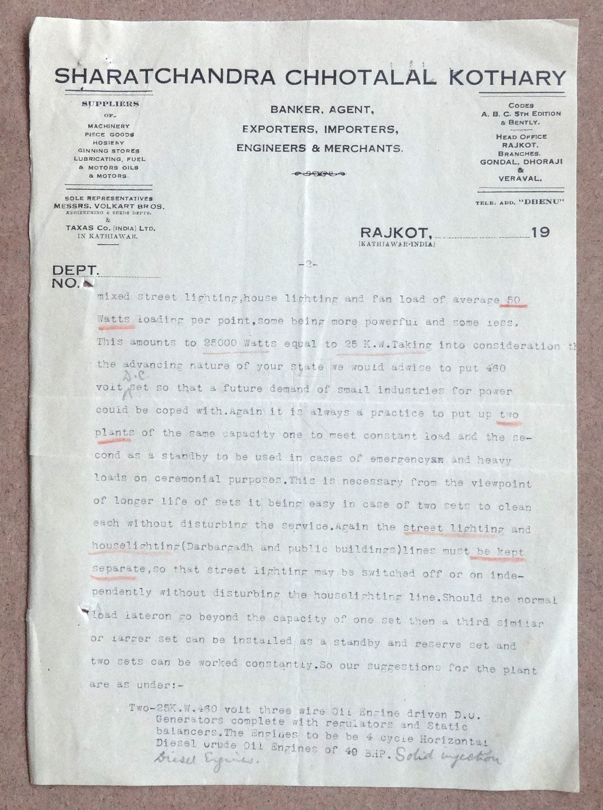 India 1930 Rajkot designs & letters re: introduction of Electric Street Lighting