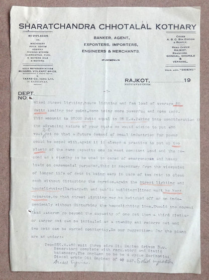 India 1930 Rajkot designs & letters re: introduction of Electric Street Lighting