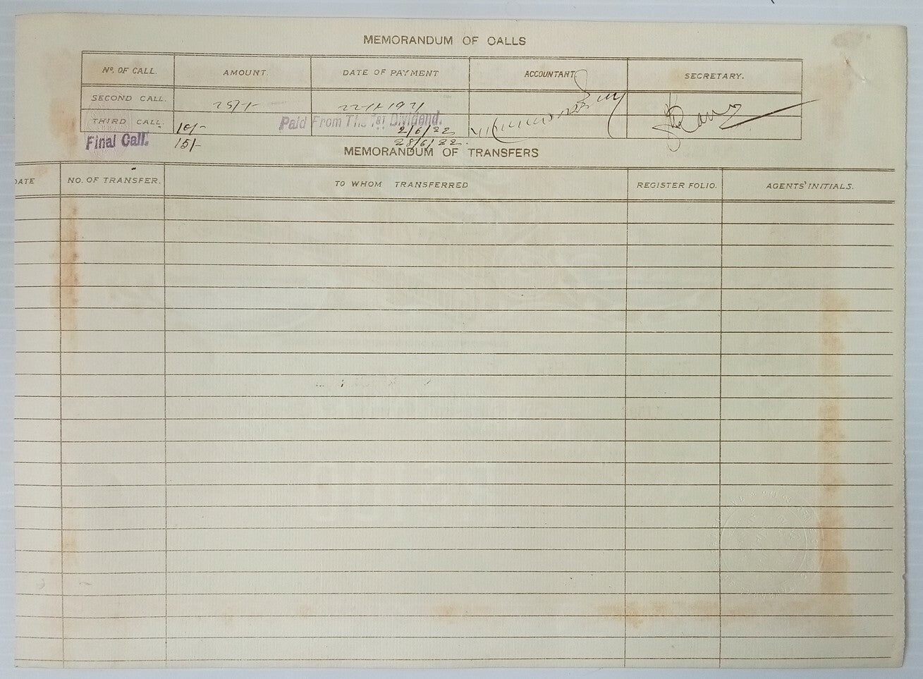 AOP India 1921 SARASWALI GINNING & MANUFACTURING Co. Ltd share certificate