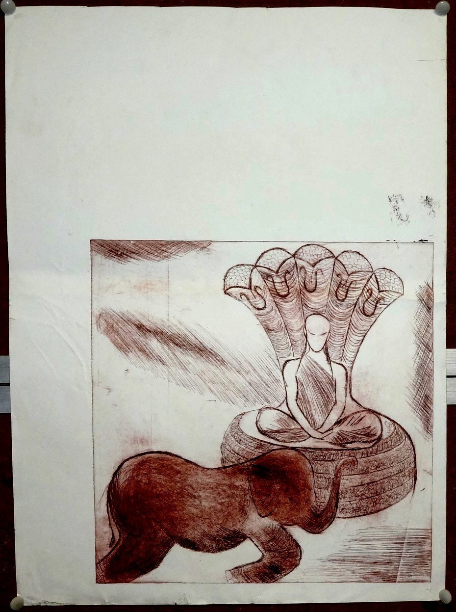 Indian Art (modern) MUCALINDA v.3 by Rajwant Kaur Sandhu 15” x 20.5” zaz