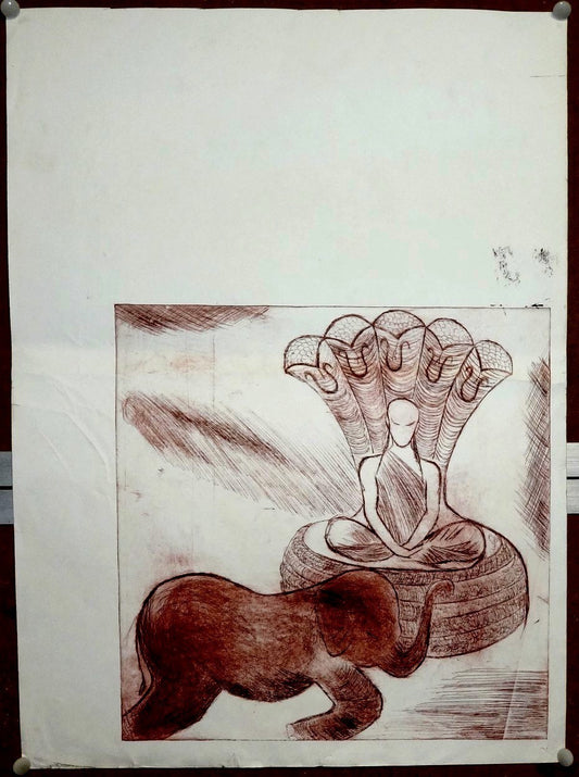 Indian Art (modern) MUCALINDA v.3 by Rajwant Kaur Sandhu 15” x 20.5” zaz