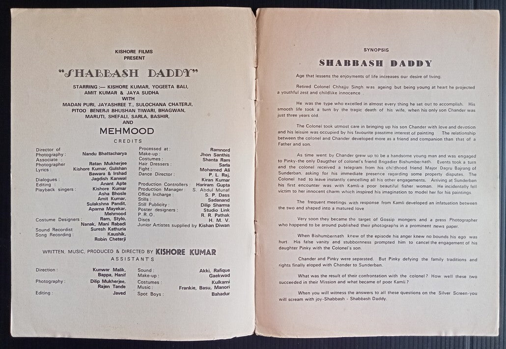 Bollywood India 1979 SHABBASH DADDY Kishore Kumar booklet