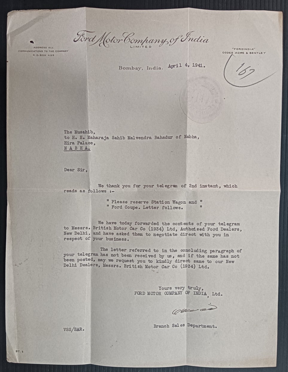 FORD MOTOR COMPANY OF INDIA, Bombay 1941 letterhead
