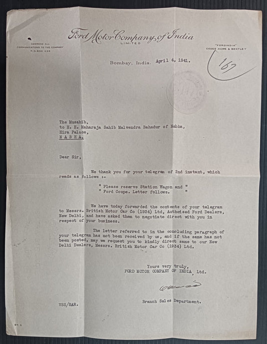 FORD MOTOR COMPANY OF INDIA, Bombay 1941 letterhead