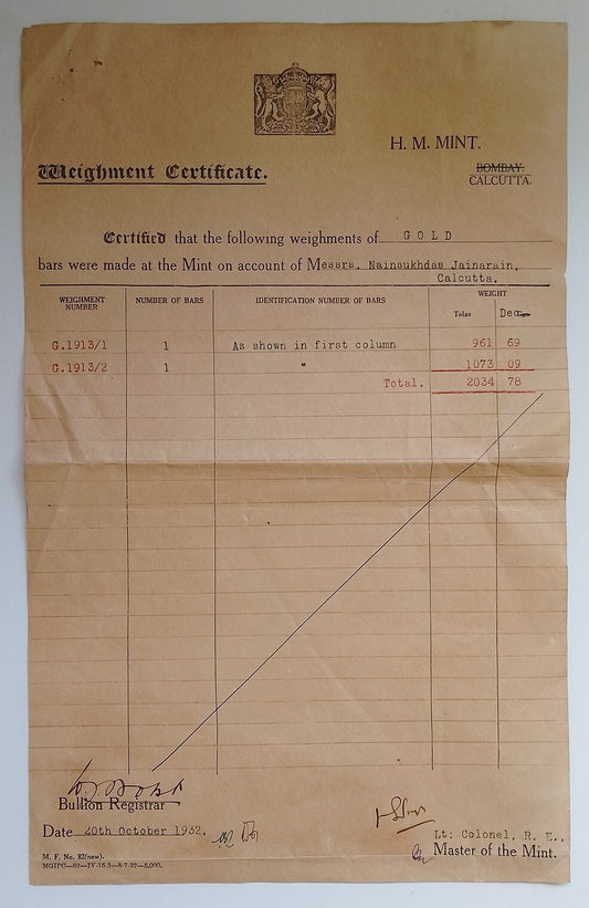 (AOP) India HM MINT, CALCUTTA Gold Weighment Certificate 1932