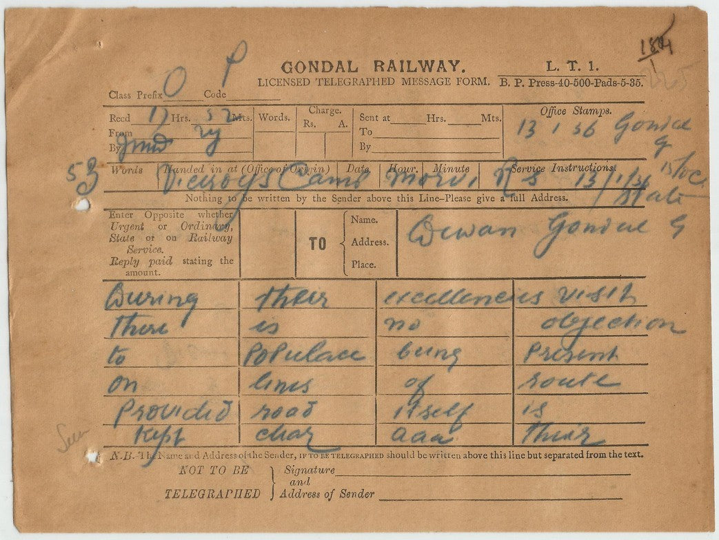 India 1936 Viceroy’s Camp Morvi 2 page OSD telegram